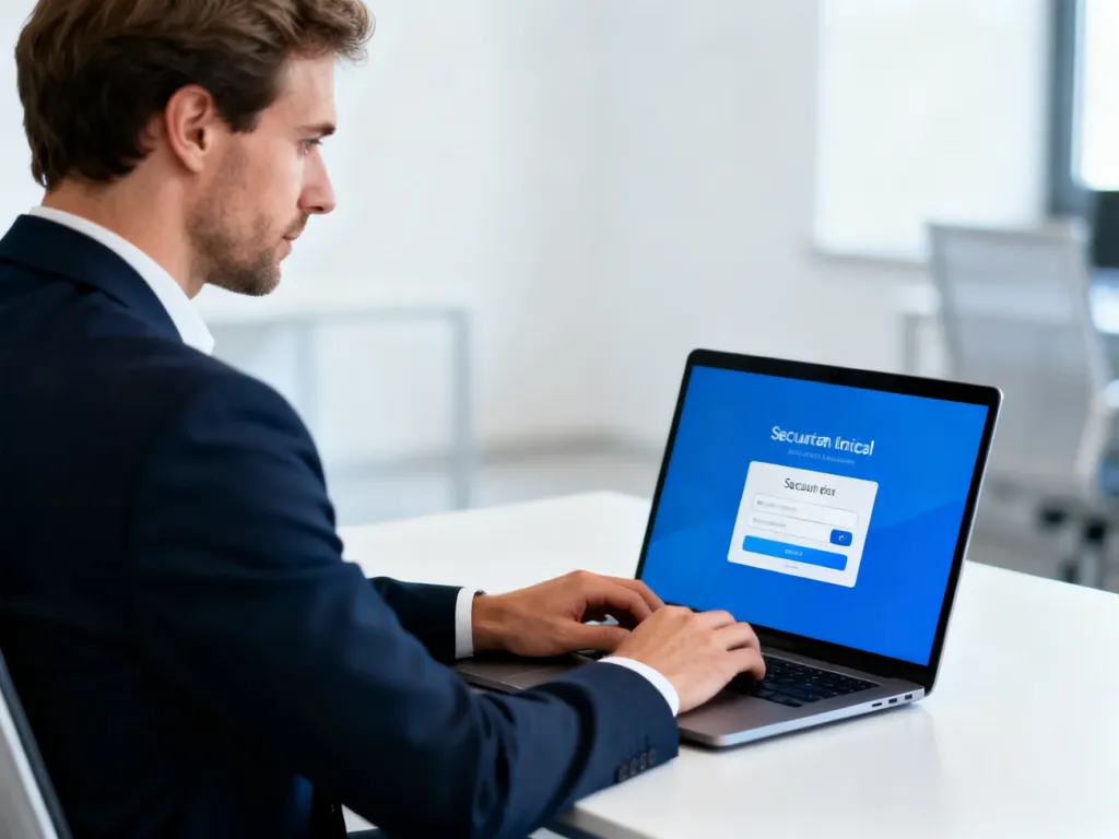 Mężczyzna korzystający z laptopa w nowoczesnym biurze, logujący się do portalu internetowego.