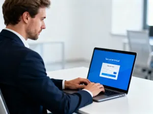 Ekspertka ds. cyberbezpieczeństwa analizuje cyfrową ochronę danych na laptopie w nowoczesnym biurze.