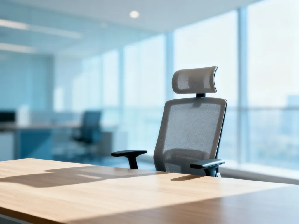 Puste ergonomiczne krzesło przy biurku w nowoczesnym biurze, symbolizujące nieobsadzone stanowisko pracy.