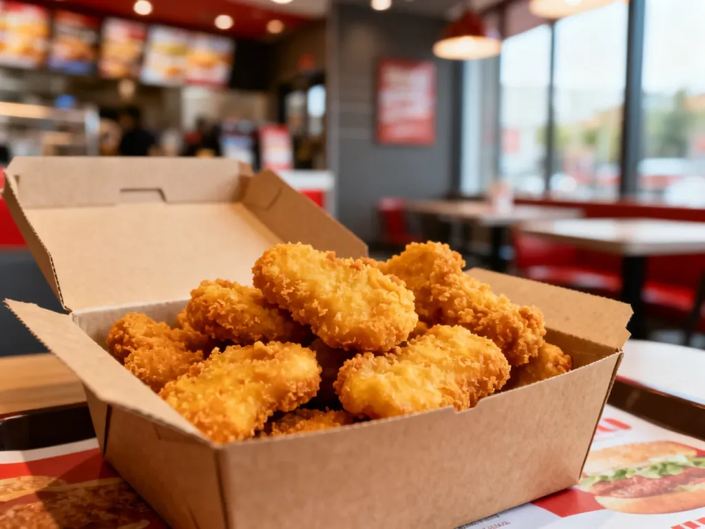 Otwarte pudełko z chrupiącymi nuggetsami z kurczaka wewnątrz restauracji McDonald's.