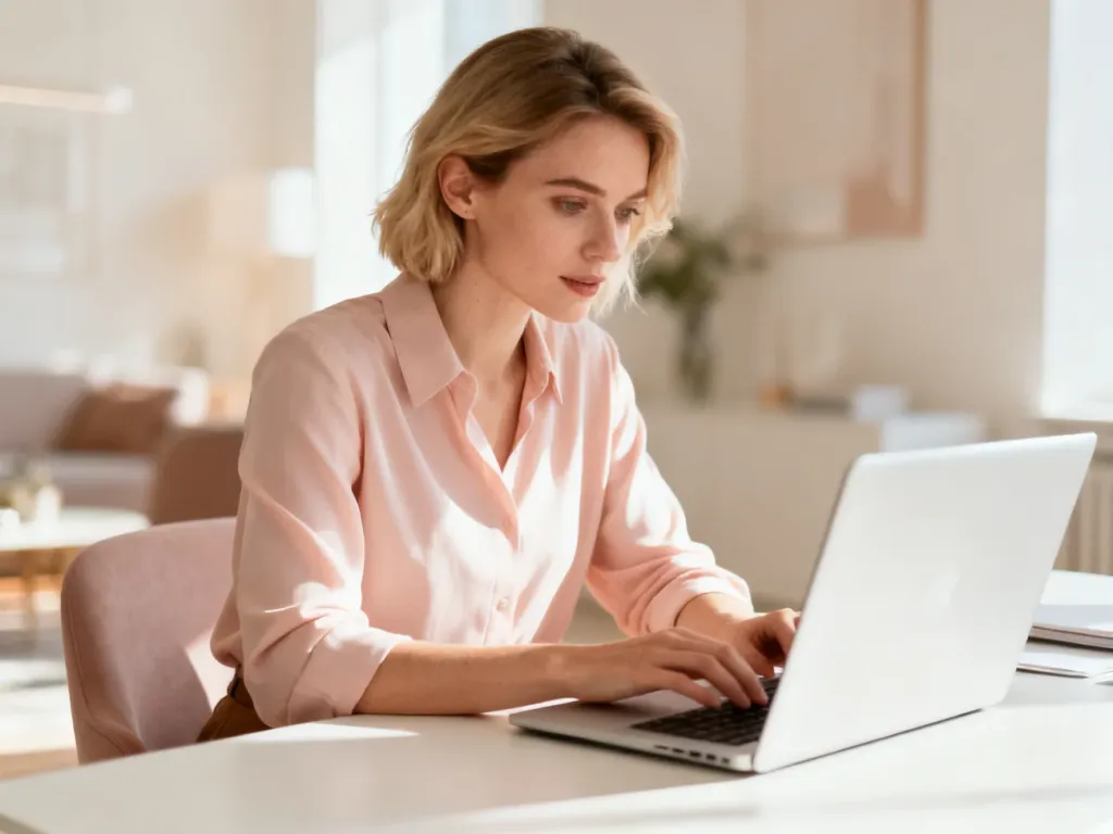 Konsultantka Avon pracująca przy laptopie w nowoczesnym, jasnym biurze domowym.