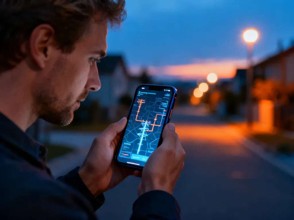 Mężczyzna sprawdza na smartfonie mapę awarii sieci energetycznej na tle wieczornej ulicy.