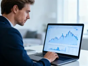 Mężczyzna analizuje wykresy wydajności na laptopie w nowoczesnym biurze, co ilustruje proces przeprowadzania benchmarku.
