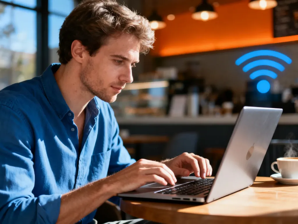 Mężczyzna korzystający z laptopa w kawiarni, łączący się z publiczną siecią Wi-Fi w celu zalogowania do portalu.