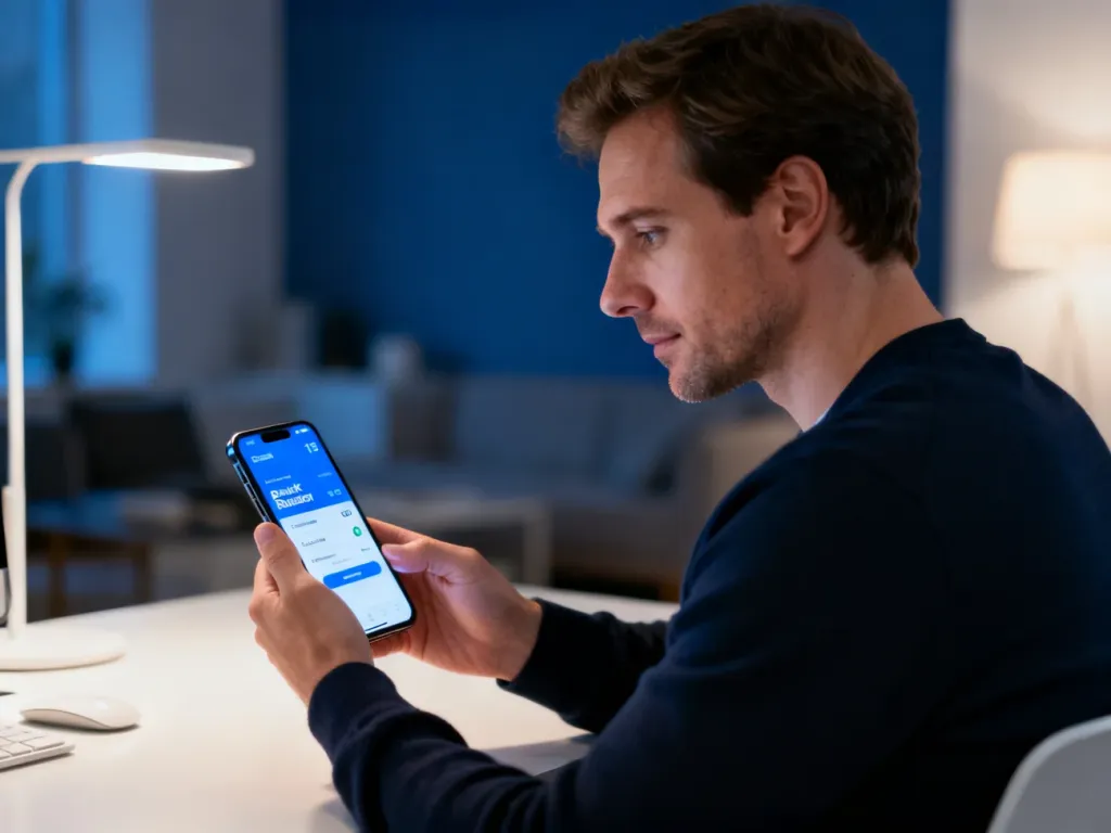 Mężczyzna korzystający z aplikacji mobilnej banku na smartfonie w nowoczesnym biurze domowym.