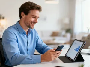 Zadowolona klientka przegląda ofertę sklepu internetowego na smartfonie, obok niej znajduje się paczka z zamówieniem.