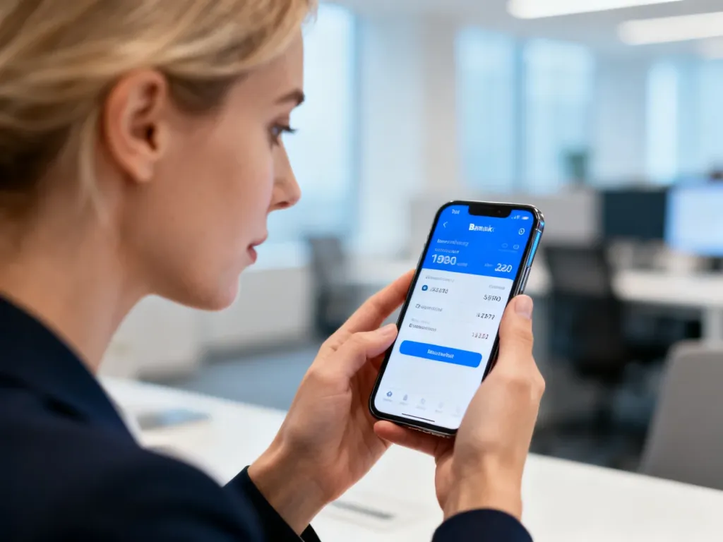 Kobieta w nowoczesnym biurze sprawdza aplikację bankową na smartfonie, korzystając z usług finansowych.