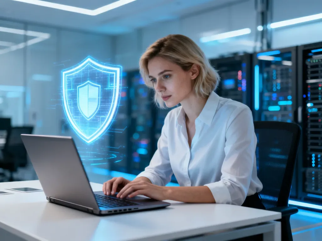 Ekspertka ds. cyberbezpieczeństwa analizuje cyfrową ochronę danych na laptopie w nowoczesnym biurze.